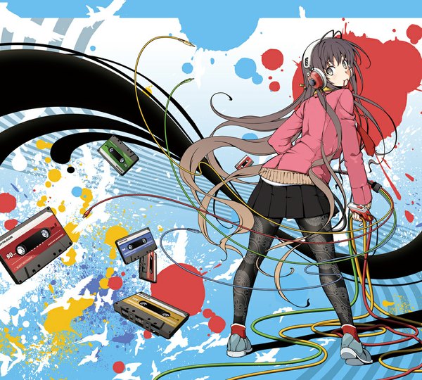 Anime picture 1000x900 with original azuma syoujuan single blush brown hair brown eyes very long hair looking back girl animal pantyhose shoes headphones bird (birds) wire (wires) sneakers