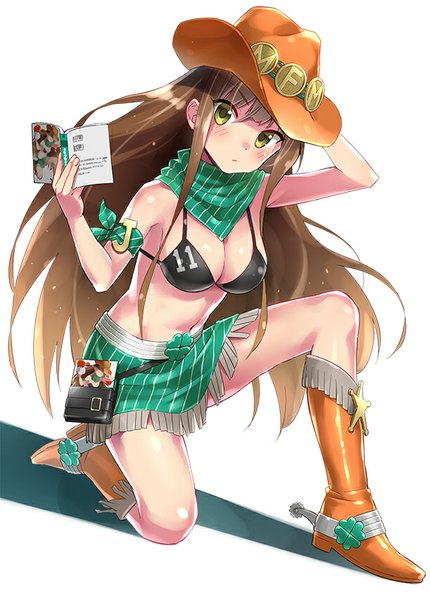 Anime picture 610x850 with original mf bunko sonsoso single long hair tall image blush breasts light erotic simple background brown hair white background holding green eyes fingernails bare belly shadow kneeling recursion cowboy