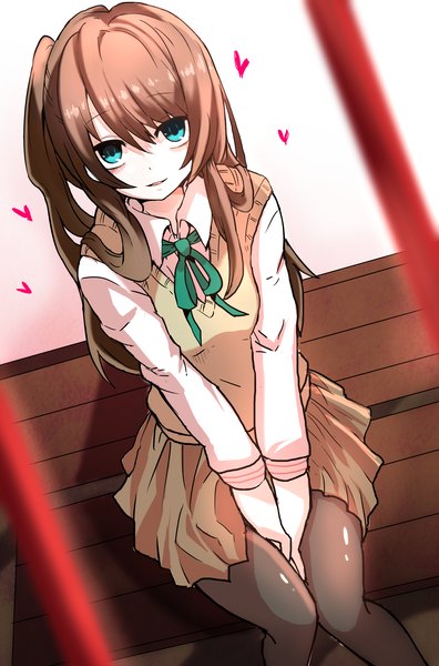 Anime picture 1640x2480 with itosiki zetu single long hair tall image looking at viewer fringe brown hair sitting ponytail aqua eyes light smile side ponytail girl skirt ribbon (ribbons) shirt pantyhose white shirt stairs