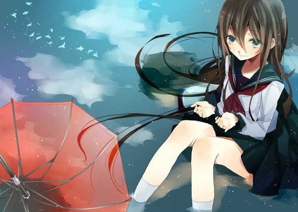 Anime picture 3504x2488 with amemiya chiyu single long hair highres blue eyes brown hair absurdres cloud (clouds) light smile wet legs reflection knees touching girl skirt animal shirt water socks bird (birds)