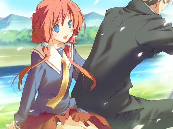 Anime picture 1600x1200 with happy margaret amagahara inaho kokonoka long hair blush open mouth blue eyes game cg red hair girl skirt uniform school uniform petals necktie