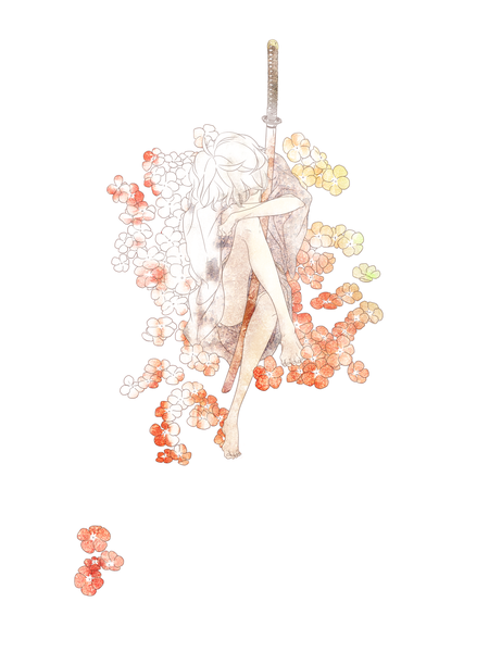 Anime picture 1500x2000 with gintama sunrise (studio) sakata gintoki ruin single tall image short hair simple background white background white hair eyes closed barefoot boy flower (flowers) weapon sword katana child (children)