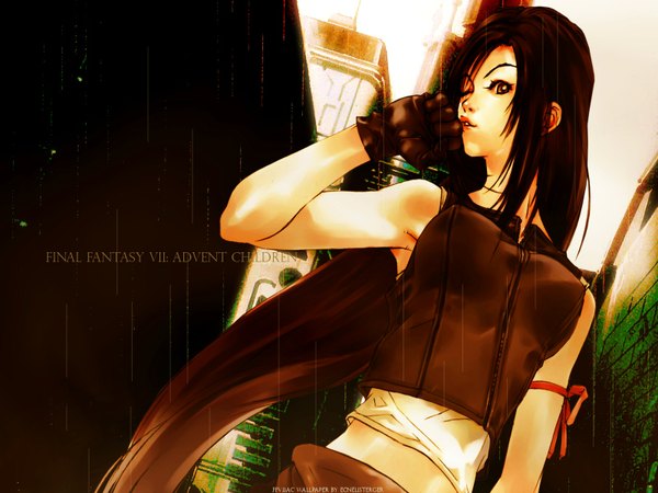Anime picture 1600x1200 with final fantasy vii advent children final fantasy vii tifa lockhart long hair looking at viewer breasts brown eyes very long hair one eye closed lips wink inscription wallpaper city girl gloves ribbon (ribbons)