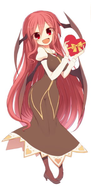 Anime picture 482x992 with touhou koakuma kuresento single tall image looking at viewer open mouth simple background hair between eyes red eyes white background payot pink hair very long hair :d puffy sleeves bat wings head wings valentine girl