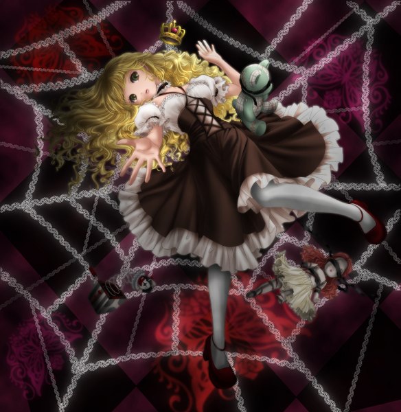 Anime picture 1187x1220 with itto maru long hair tall image blonde hair green eyes outstretched arm blindfold curly hair girl dress toy stuffed animal crown teddy bear doll (dolls) spider web