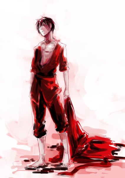 Anime picture 1753x2480 with avatar: the last airbender nickelodeon zuko zhongquan andong single tall image highres short hair white background barefoot open clothes open shirt scar red background boy