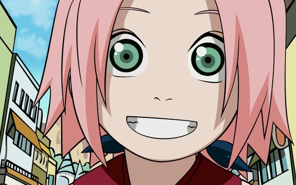 Anime picture 1680x1050 with naruto studio pierrot naruto (series) haruno sakura single short hair smile wide image green eyes pink hair close-up vector girl hairband mongler