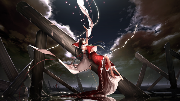 Anime picture 1800x1013 with touhou hakurei reimu megusuri single long hair fringe highres breasts brown hair wide image bare shoulders holding brown eyes sky full body bent knee (knees) lying long sleeves traditional clothes parted lips