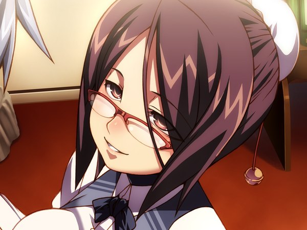 Anime picture 1024x768 with hotel (game) short hair black hair brown eyes game cg girl glasses bell