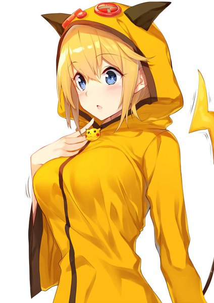 Anime picture 566x800 with pokemon original nintendo raichu yappen single tall image blush fringe short hair breasts open mouth blue eyes blonde hair simple background large breasts standing white background looking away upper body
