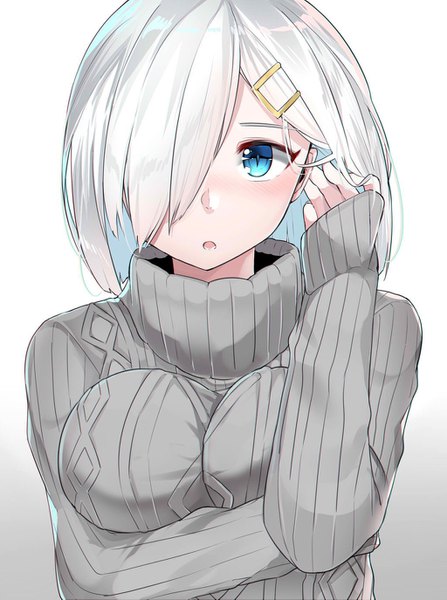 Anime picture 1024x1373 with kantai collection hamakaze destroyer suzuharu (suzuharu0612) single tall image blush fringe short hair open mouth blue eyes simple background looking away white hair hair over one eye alternate costume gradient background underboob adjusting hair girl hair ornament
