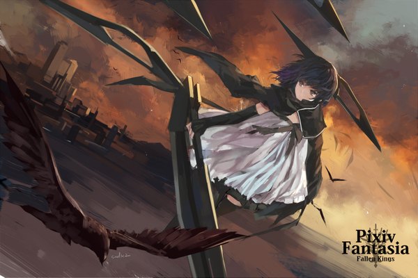 Anime picture 3187x2125 with original pixiv fantasia pixiv fantasia fallen kings paradise (character) swd3e2 single highres short hair black hair brown eyes looking away absurdres girl dress gloves weapon animal sword fingerless gloves bird (birds)