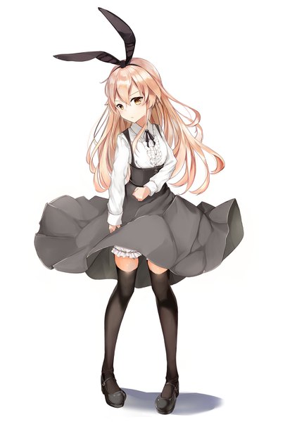 Anime picture 1080x1600 with kantai collection shimakaze destroyer unajuu (set mk) single long hair tall image looking at viewer blush fringe light erotic simple background blonde hair hair between eyes standing white background yellow eyes full body shadow alternate costume girl