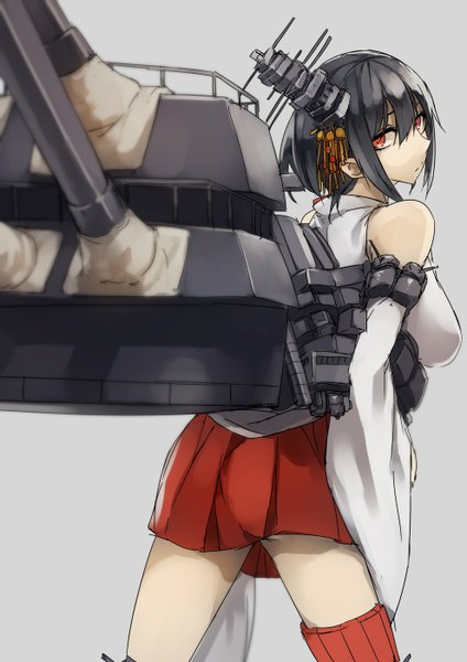 Anime picture 990x1400 with kantai collection yamashiro battleship kyouya (mukuro238) single tall image looking at viewer short hair black hair simple background red eyes traditional clothes japanese clothes looking back grey background girl skirt hair ornament weapon miniskirt gun