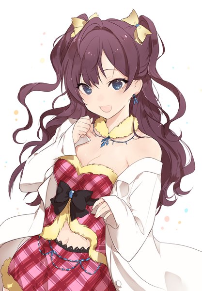 Anime picture 600x863 with idolmaster idolmaster cinderella girls ichinose shiki lpip single long hair tall image looking at viewer blush fringe open mouth blue eyes simple background smile hair between eyes brown hair white background bare shoulders upper body two side up