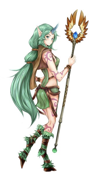 Anime picture 837x1612 with league of legends soraka (league of legends) dryad soraka lancer0519 single tall image looking at viewer blush simple background white background green eyes very long hair horn (horns) green hair pointy ears tattoo girl staff