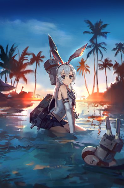 Anime picture 1200x1825 with kantai collection shimakaze destroyer rensouhou-chan rabbit (tukenitian) single long hair tall image looking at viewer fringe sky silver hair cloud (clouds) black eyes tropical girl skirt underwear panties plant (plants) miniskirt