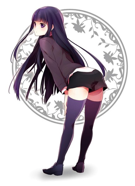 Anime picture 800x1099 with inu x boku ss david production shirakiin ririchiyo ai (warekaku) single long hair tall image blush light erotic purple eyes purple hair looking back leaning zettai ryouiki leaning forward girl thighhighs shoes shorts short shorts