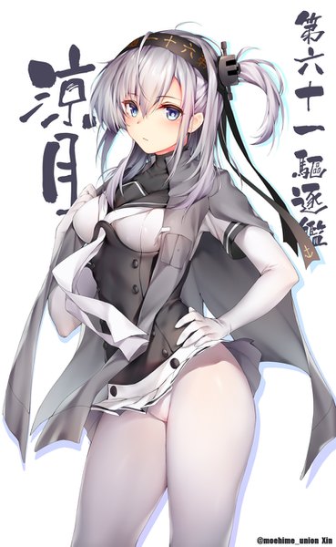 Anime picture 800x1299 with kantai collection suzutsuki (kancolle) obiwan single long hair tall image looking at viewer blush fringe breasts blue eyes light erotic simple background hair between eyes standing white background signed silver hair pleated skirt hand on hip