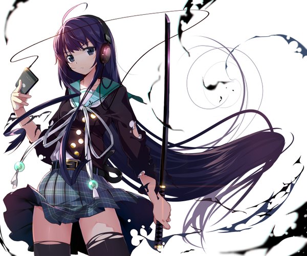 Anime picture 1500x1252 with original machimura komori single long hair looking at viewer black hair simple background white background ahoge very long hair wind black eyes girl thighhighs skirt weapon black thighhighs sword headphones katana