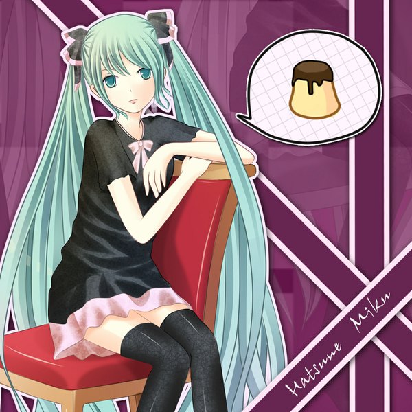 Anime picture 1000x1000 with vocaloid hatsune miku qinecat single sitting twintails very long hair aqua eyes aqua hair girl thighhighs dress ribbon (ribbons) black thighhighs hair ribbon chair pudding