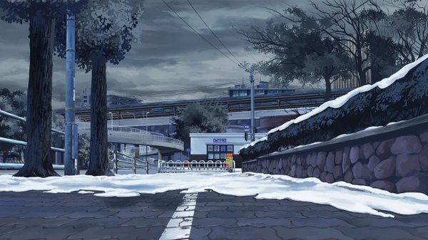 Anime picture 1280x720 with original gom jabbar wide image sky city winter snow cityscape no people landscape plant (plants) tree (trees) building (buildings) wire (wires) power lines traffic sign sign