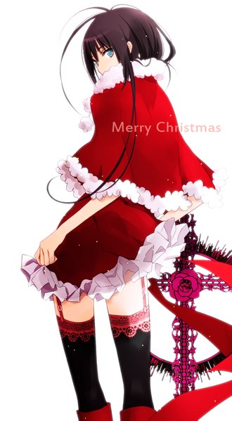 Anime picture 600x1089 with original tsukimori usako single long hair tall image looking at viewer fringe blue eyes simple background brown hair white background looking back from behind back christmas merry christmas girl thighhighs flower (flowers) black thighhighs