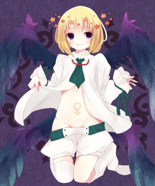 Anime picture 1000x1200 with beatmania beatmania iidx rche (beatmania) motsuni (lxxe1120) single tall image looking at viewer blush fringe short hair light erotic blonde hair smile purple eyes tattoo purple background bob cut multiple wings girl thighhighs