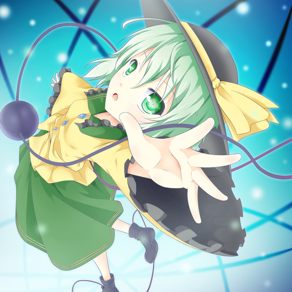 Anime picture 1514x1514 with touhou komeiji koishi tennenmoe single looking at viewer short hair open mouth green eyes green hair looking up eyes girl dress skirt hat green skirt