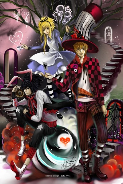 Anime picture 534x800 with alice in wonderland death note madhouse alice (wonderland) yagami light white rabbit l (death note) amane misa mad hatter hoelex (artist) long hair tall image looking at viewer short hair black hair blonde hair brown hair standing sitting holding