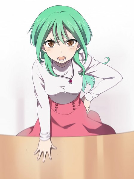 Anime picture 600x801 with cardfight!! vanguard cardfight!! vanguard g anjou tokoha mattaku mousuke single long hair tall image looking at viewer blush open mouth simple background brown eyes green hair :o hand on hip angry >:o girl skirt turtleneck