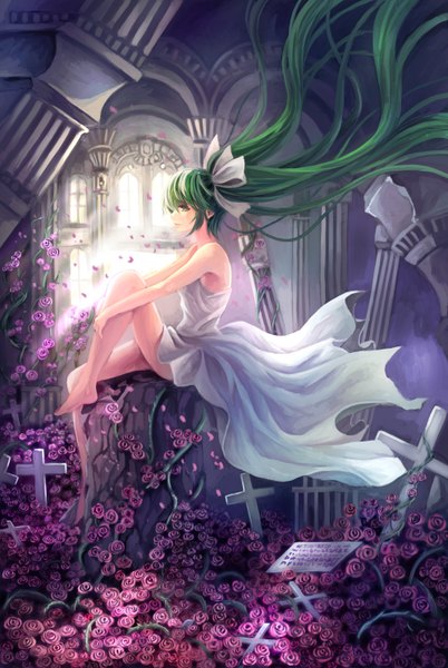 Anime picture 2000x2984 with vocaloid hatsune miku youxuemingdie tall image highres sitting twintails very long hair profile aqua eyes aqua hair bare legs girl dress flower (flowers) petals rose (roses) cross sundress