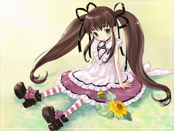 Anime picture 1600x1200 with original highres brown hair twintails green eyes loli lolita fashion goth-loli dress skirt flower (flowers) child (children) sunflower kantaro