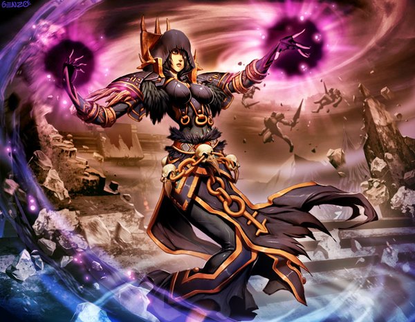 Anime picture 1000x776 with world of warcraft original blizzard entertainment genzoman short hair black hair brown eyes looking away magic battle destruction girl dress black dress hood chain skull