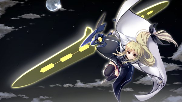 Anime picture 1920x1080 with mahou shoujo lyrical nanoha fate testarossa tebukuro single long hair highres blonde hair red eyes wide image cloud (clouds) ponytail night girl thighhighs weapon black thighhighs sword moon cloak