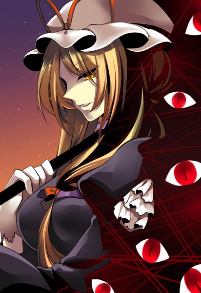 Anime picture 1100x1600 with touhou yakumo yukari roh nam kyung single long hair tall image blonde hair yellow eyes profile eyes girl dress gloves bow hair bow bonnet cap