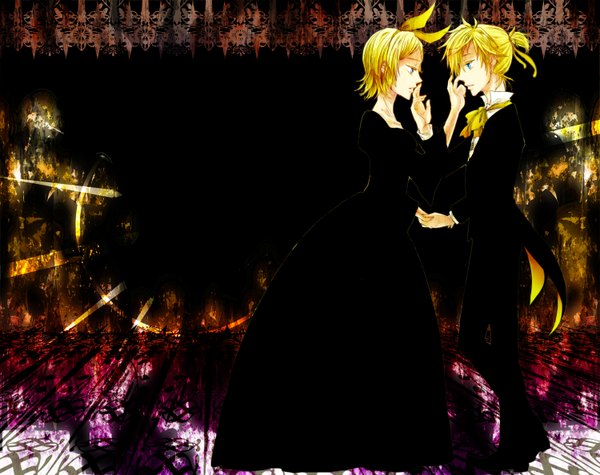 Anime picture 3000x2376 with vocaloid kagamine rin kagamine len mitarashio highres short hair blue eyes blonde hair twintails absurdres nail polish profile holding hands girl dress boy hair ornament bow ribbon (ribbons) hair bow