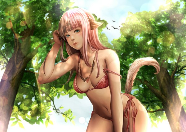 Anime picture 1000x712 with original jun jun single long hair looking at viewer blush open mouth blue eyes light erotic bare shoulders animal ears pink hair sky cleavage cloud (clouds) tail animal tail lips sunlight bare belly
