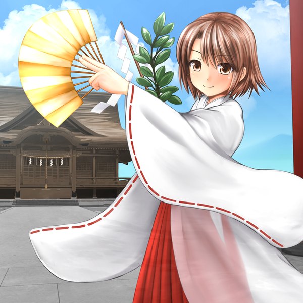 Anime picture 1000x1000 with original kk-sk-ray single looking at viewer short hair brown hair brown eyes sky cloud (clouds) traditional clothes japanese clothes miko girl fan gohei chihaya (clothing)