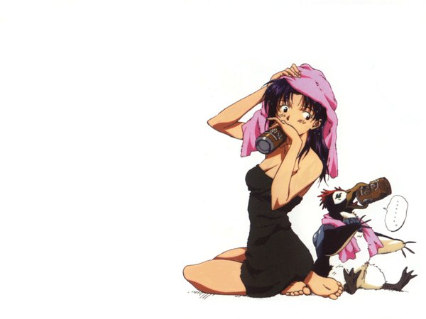 Anime picture 1600x1200 with neon genesis evangelion gainax katsuragi misato penpen tagme (artist) single light erotic white background full body naked towel girl towel alcohol speech bubble beer