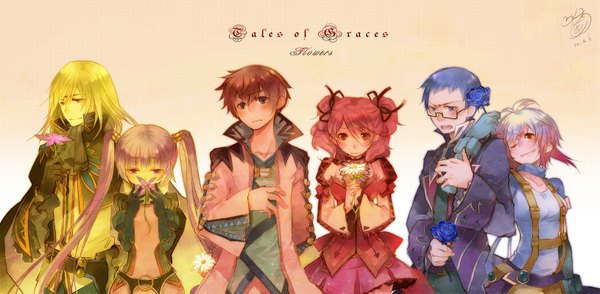 Anime picture 1630x800 with tales of graces sophie (tales) asbel lhant cheria barnes blonde hair brown hair wide image white background blue hair pink hair group flower (flowers) blue rose