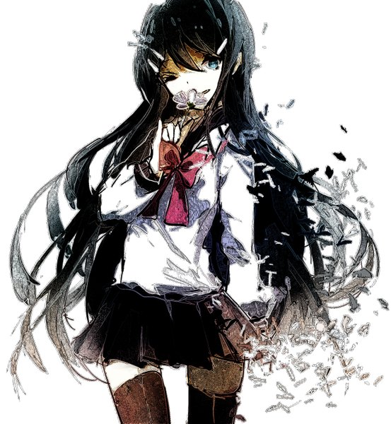 Anime picture 2480x2689 with dangan ronpa maizono sayaka prophet chu single long hair tall image looking at viewer highres blue eyes black hair white background one eye closed wink girl thighhighs skirt uniform hair ornament flower (flowers) black thighhighs