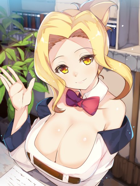 Anime picture 600x800 with kono subarashii sekai ni shukufuku wo! studio deen luna (konosuba) kasa jizou single long hair tall image looking at viewer blush breasts light erotic blonde hair smile large breasts sitting bare shoulders yellow eyes payot cleavage upper body