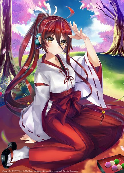 Anime picture 778x1080 with bae.c single long hair tall image looking at viewer blush fringe breasts hair between eyes sitting brown eyes sky cloud (clouds) ahoge outdoors ponytail red hair wide sleeves arm support cherry blossoms