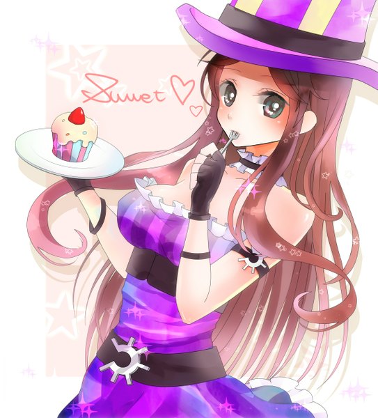 Anime picture 1143x1262 with league of legends caitlyn (league of legends) suzusa (pixiv id3828164) single long hair tall image looking at viewer blush brown hair bare shoulders girl gloves food headdress sweets fork
