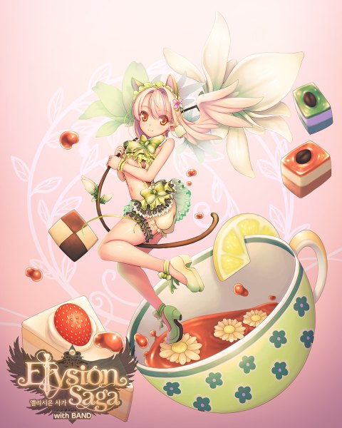 Anime picture 960x1200 with elysion saga (card game) ecell (artist) single tall image blush short hair blonde hair smile animal ears orange eyes legs girl dress navel shoes knickers