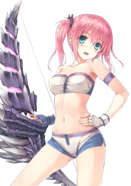 Anime picture 1000x1414 with monster hunter alatreon (armor) hiten (hitenkei) single long hair tall image blush open mouth blue eyes light erotic simple background white background twintails pink hair cute girl navel weapon shorts fingerless gloves