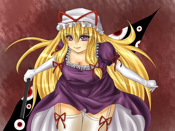 Anime picture 1024x768 with touhou yakumo yukari long hair blonde hair purple eyes gap girl gloves ribbon (ribbons) hat elbow gloves