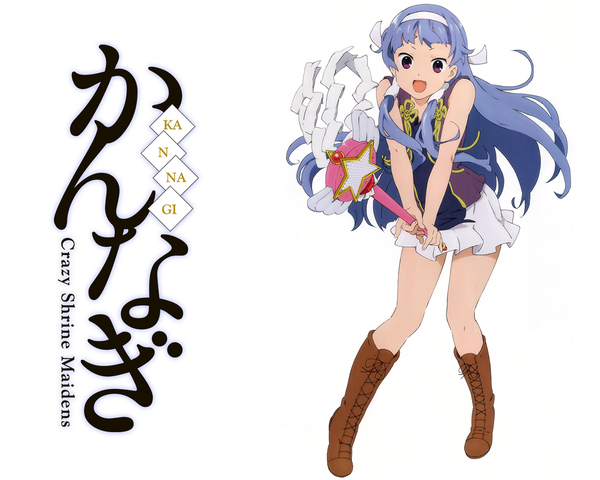 Anime picture 1280x1024 with kannagi nagi (kannagi) long hair purple eyes blue hair wallpaper sleeveless hairband wand