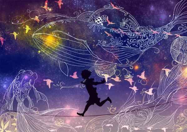 Anime picture 1000x705 with original guan tang baozi short hair open mouth profile spread arms flying silhouette running boy animal shorts bird (birds) star (stars) fish (fishes) ball whale